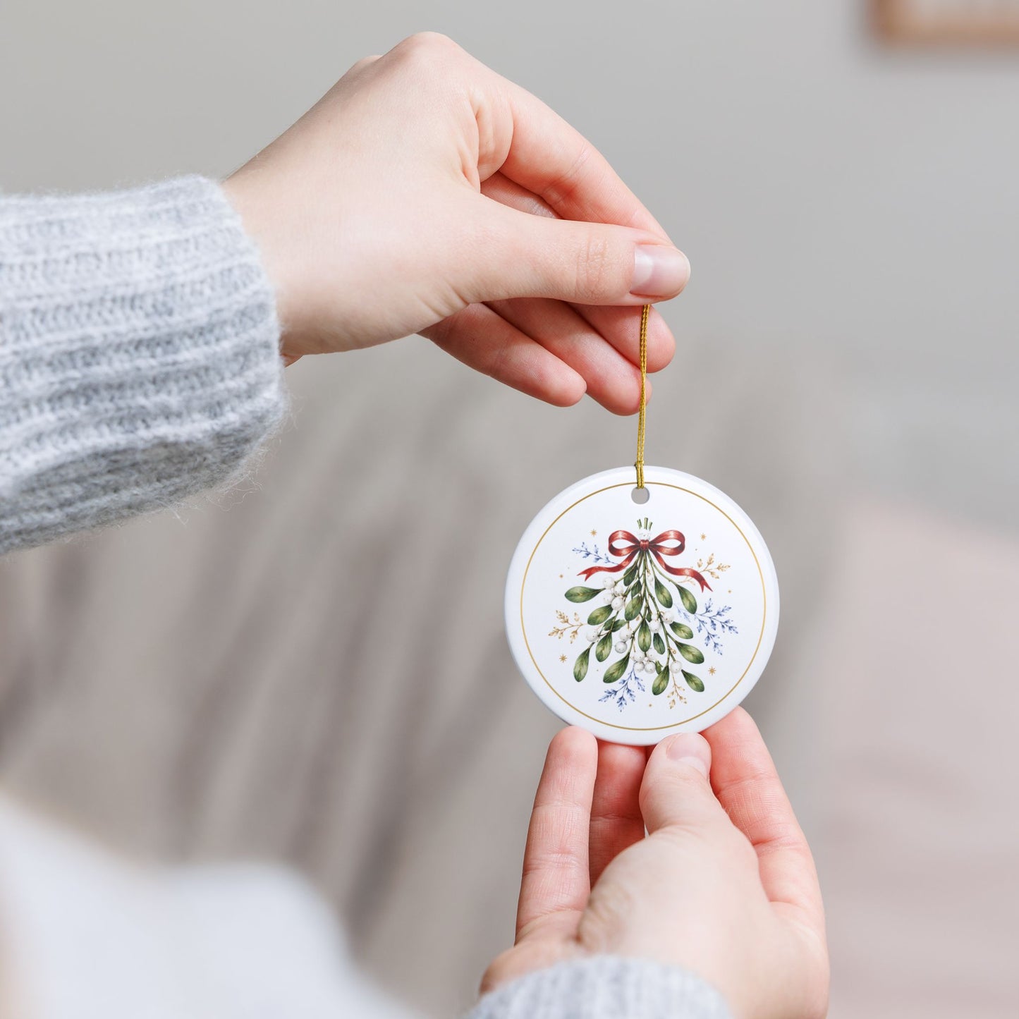 Mistletoe & Ribbon – Christmas Art Collection 2026 Ceramic Ornament