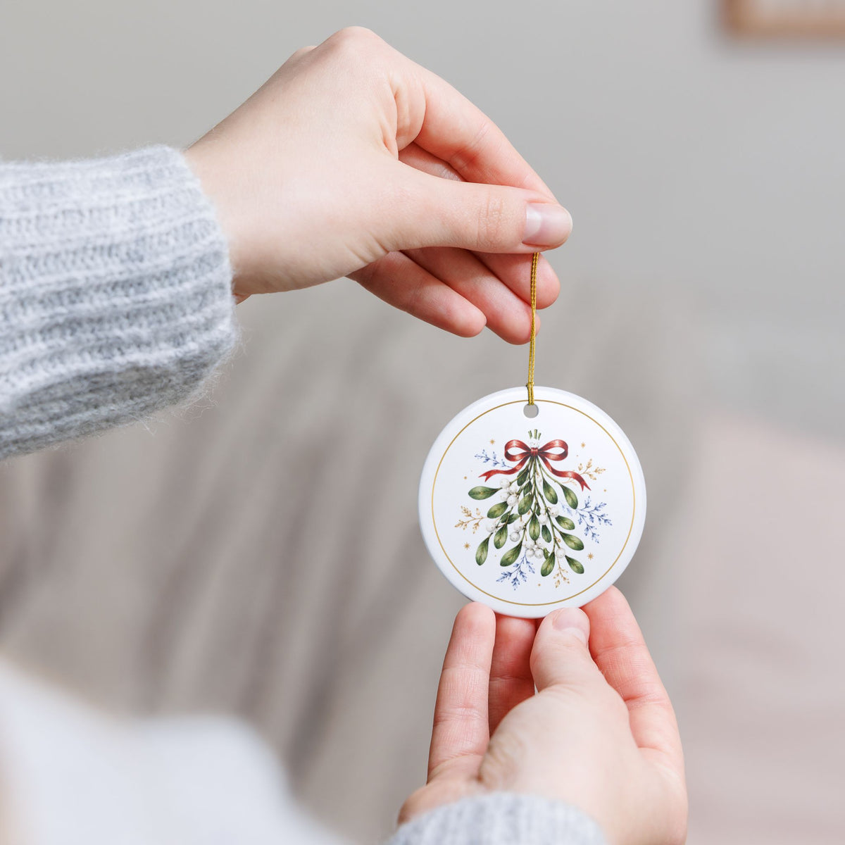 Mistletoe & Ribbon – Christmas Art Collection 2026 Ceramic Ornament