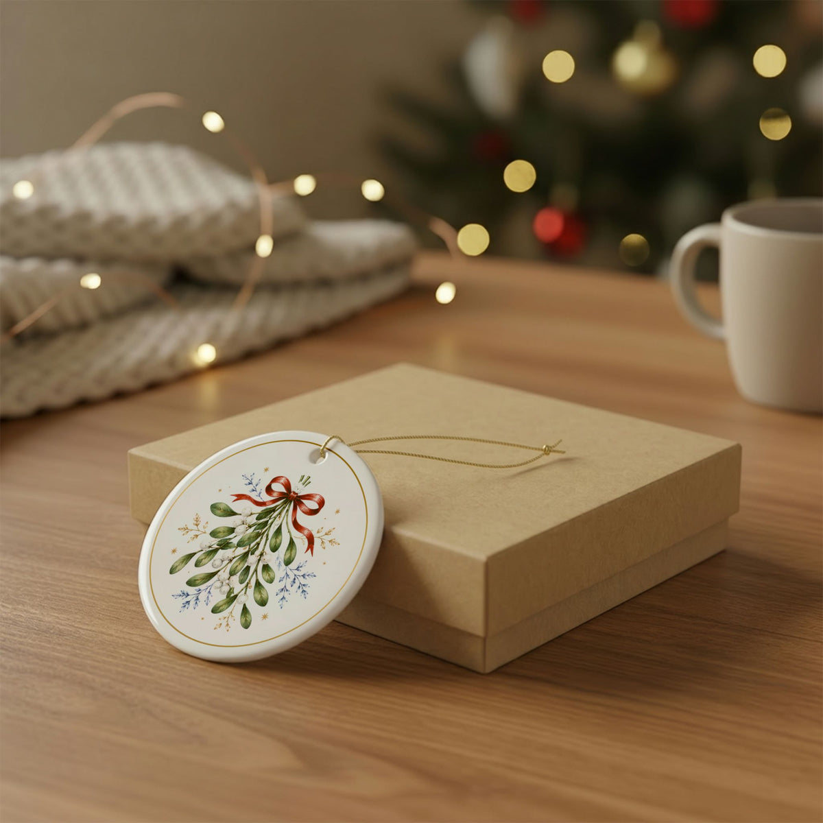 Mistletoe & Ribbon – Christmas Art Collection 2026 Ceramic Ornament