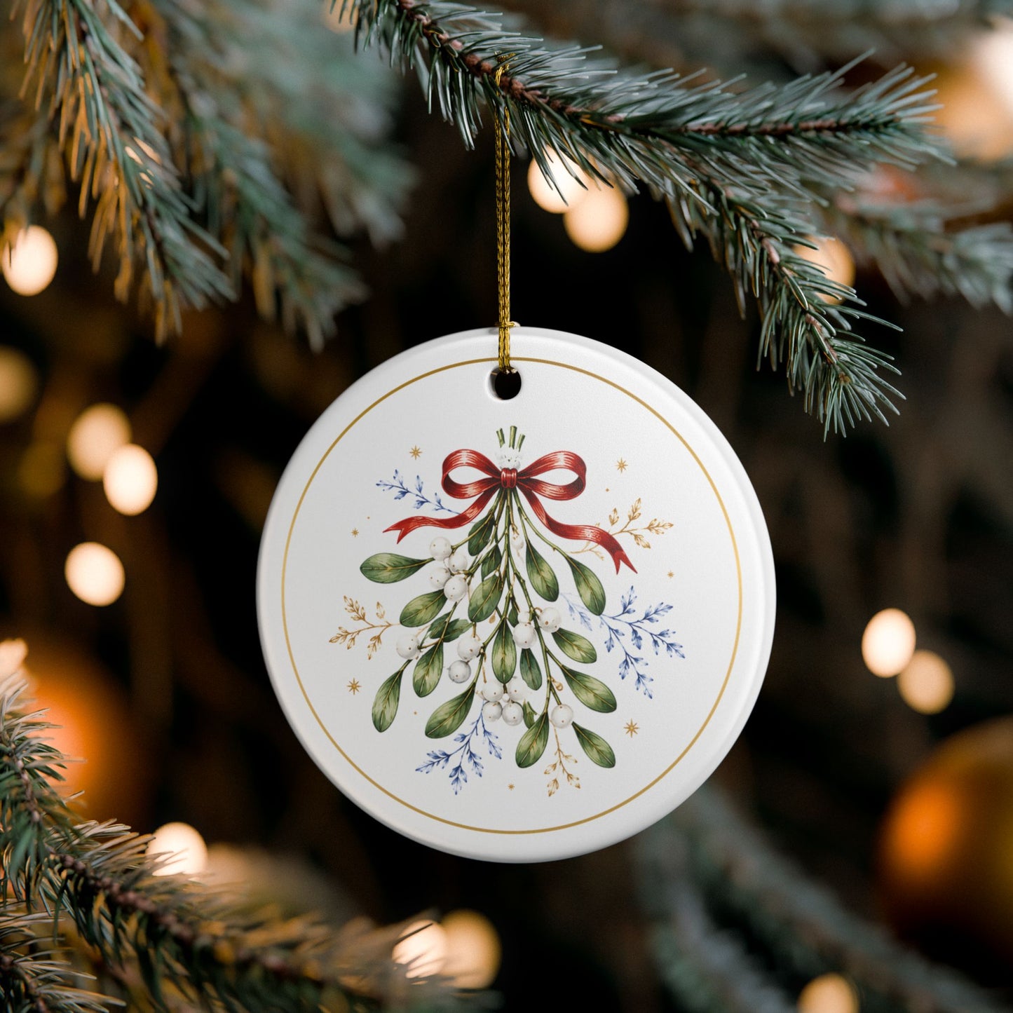 Mistletoe & Ribbon – Christmas Art Collection 2026 Ceramic Ornament